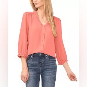 CeCe Women's Coral Ruffled Button-Front 3/4-Sleeve Blouse S